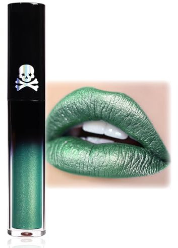Grün Metallic Lipgloss Matt, Halloween Flüssiger Lippenstift Green, Wasserdicht & Langlebig Shimmer Lip Gloss für Maskerade & Cosplay, Feuchtigkeitsspendend & Glänzend Liquid Lipstick mit 3D Effekt