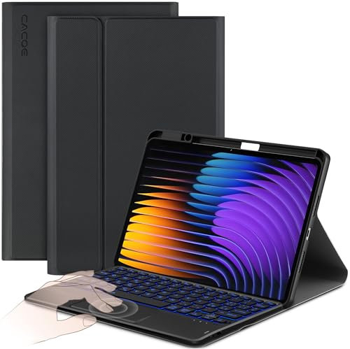 CACOE Cover con Tastiera Compatibile con Xiaomi Mi Pad 7/ Mi Pad 7 Pro (11.2 pollici) 2025 con Touchpad, Custodia con Portapenne Tastiera QWERTY Wireless Staccabile con Illuminazione a 7 Colori, Nero