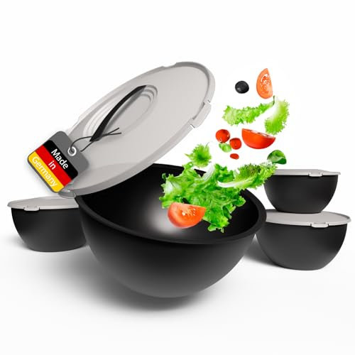BigDean Salatschüssel Set groß mit Salatschüssel mit Deckel, Schüssel 4 Größen 0,7-6 L in Anthrazit Schwarz, Kunststoff BPA-frei Salatschüssel Made in Germany