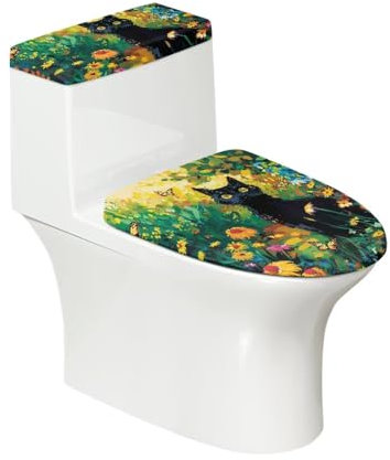JUDENTIDOS WC-Deckelbezug und WC-Tankabdeckung, Motiv: schwarze Katze, Blumenmuster, 2 Stück, dekoratives Badezimmer-Zubehör, WC-Deckel-Sitzschutz