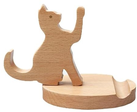 Wooden Cat Phone Stand Mobile Phone Holder, Desktop Phone Tablet Stand Universal for All Smart Phones, Office Desk Decoration, Valentines Gift Idea for Animal Lovers