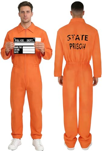 Carnivals Mens Prisoner Costume Orange Convict Suit Orange Prison Jumpsuit with Tattoo Stickers Criminal Costume Jail Overall Dress Up Outfit Adult Mens Women Carnivals Halloween Party Fancy Dress