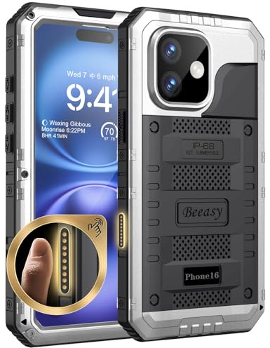 Beeasy Funda para iPhone 16 Impermeable Antigolpes Militar Metálica - IP68 Waterproof Agua Sumergible Acuatica, 360 Grado Completa Protectora, Irrompible Resistente Armor Carcasa, Plateado