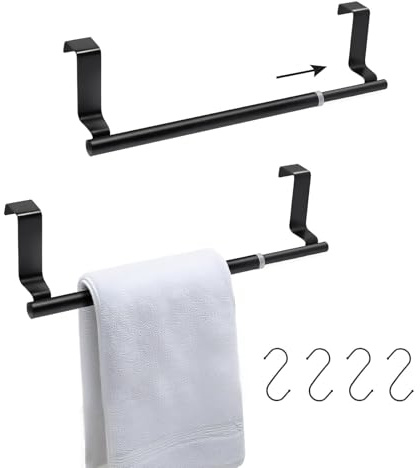 FALSKT Over Door Towel Rail, 2 Pcs Hand Towel Holder Extendable Kitchen Towel Rail Bathroom Stainless Steel Towel Rack for Kitchen Cupboard Doors Black 22.5-35cm