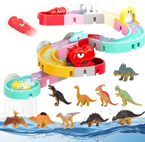 RNPKZ Kids Bath Toys, 30 Pcs Bath Track Game Shower Water Toys, DIY Bathtub Toy with Suction Cups & 12 Dino Mini Toy, Baby Bath Toy Water Slide, Wall Track Building Set for Boys Girls Baths Time