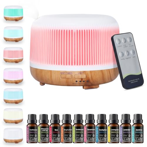 LKH Essential Oil Diffuser & Humidifier 300ml | Aromatherapy Diffuser with 10x Oils - Air Humidifier for Bedroom with Remote, LED Mood Lights & Timer – 1.5m USB Cable
