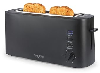 Salter Dusk Langschlitz 2-Scheiben-Toaster – Inklusive Aufwärmgestell, 6 Bräunungsstufen, Auftau-, Aufwärm- und Stoppfunktion, breite Schlitze, herausnehmbare Krümelschublade, Matt Schwarz, 980W