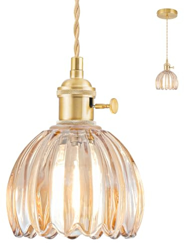NETHCUEL Mini-Hängelampe für Kücheninsel, Kleine Verstellbare Hängeleuchte mit Bernsteinfarbenem Tulpenglas-Lampenschirm, Vintage-Gold-Hängelampe Wohnzimmer, Leuchtmittel Nicht Enthalten