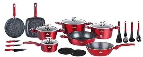 ZILNER Töpfe und Pfannen Set, 21-teilig, Marmorbeschichtung, Rot | Topfset mit Glasdeckeln, für alle Herdarten, Induktion geeignet, Aluminium, kratzfest, cool-touch-Griffe, Kochgeschirr-Set