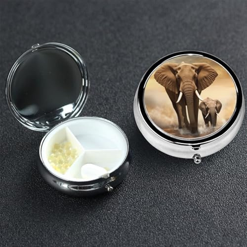 Pillendose mit 3 Fächern, Metall, Elefanten- und Baby-Elefanten-Pillendose für Geldbörse oder Tasche, Mini-Reise-Pillenhalter für Nahrungsergänzungsmittel, Vitamine, Fischöl