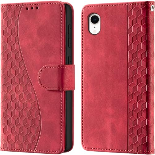 Wallet Flip Case for iPhone XR Leather Red | RFID Blocking, 3 Card Slots & 1 Cash Pocket, Magnetic Closure, Kickstand, PU Leather Flip Cover for iPhone XR
