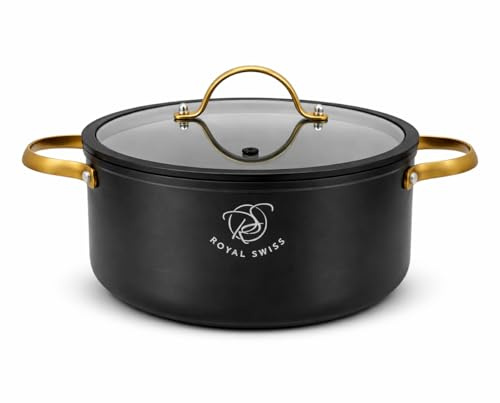 Royal Swiss Cocotte 20 cm, compatible avec l'induction, revêtement antiadhésif en marbre, poêle en aluminium, couvercle en silicone avec valve vapeur, poignées Cool Touch, noir