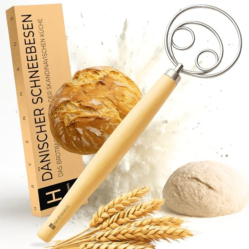 HAVENHAUS Frusta danese con 4 passanti, frusta per pane, impasto e lievito | cucchiaio per impasto | frusta per impasto danese in acciaio inox per una facile miscelazione, impastatrice per il pane con