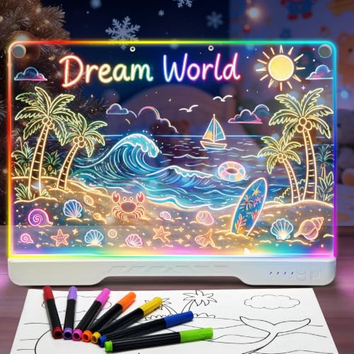 Tablero de Dibujo LED Recargable,7 Modos de Luz Fija y 3 Modos Flash RGB | Idealife Pizarra Luminosa Neón,Soporte Integrado, Regalo Creativo para Niños y Adolescentes, Montaje de Mesa y Pared