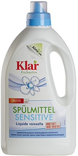 Klar Spülmittel Bio sensitive ohne Duft 1,5l – Kraftvolles Geschirrspülmittel flüssig mit hoher Fettlösekraft – Hautfreundliches Spüli Konzentrat in recycelter Flasche – Vegan Dish Soap