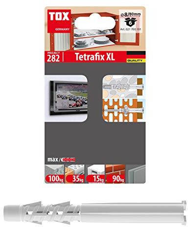 TOX Allzweck-Rahmendübel Tetrafix XL 8 x 80 mm, Allzweckdübel für nahezu alle Baustoffe, verlängerter Schaft für spezielle Rahmendübel-Anwendungen, 6 Stück im Blister, 021700101