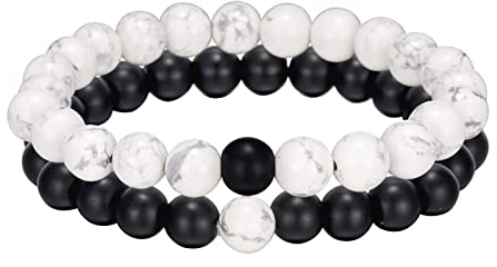2PCS Bead Bracelets,Kucheed 8mm Natural Crystal Energy Stone Elastic Bangle,Yoga Black Matte Agate & White Howlite Bracelet,Couples Friendship Handmade Beads Bracelet Jewelry for Women Men