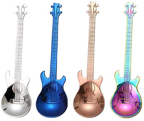 4 bunte Gitarrenlöffel, Edelstahl, Musik-Demitasse, niedliches Küchenutensil zum Rühren von Zucker, Dessert, Marmelade, Eis, Kaffee, Milchshake, Teelöffel, spülmaschinenfest (zufällige Farbe)