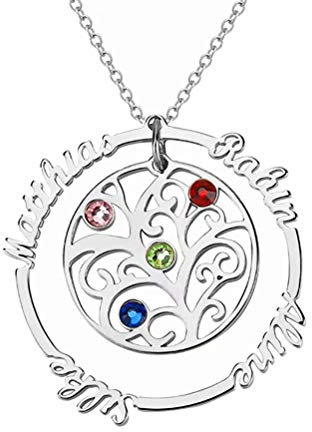 Collier 4 Prenom Personnalisé Pendentif Arbre de Vie Anneau Rond Gravé avec Nom Initiale