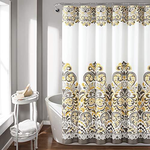 Lush Decor Clara Rideau de Douche en Tissu Motif Cachemire bohème coloré, 183 x 183 cm, Jaune, Gris et Marron