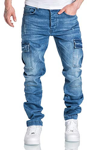 Amaci&Sons Herren Cargo Jeans Regular Slim Denim Hose Destroyed 7985 Hellblau W40/L30