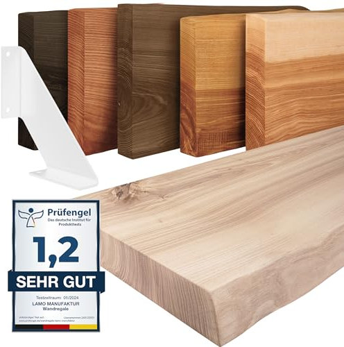 LAMO Manufaktur Wandregal Holz Baumkante | Regal Farbe: Roh | mit weißem Vintage Regalträger | 140 cm