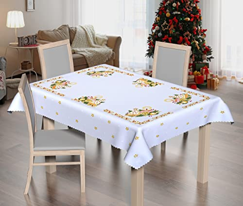 Goldmar Elegante Weihnachtstischdecke aus 100% Polyester - Schmutzabweisend Tischdecke für Weihnachten Partys Weihnachtsessen Deko (BN-02L-Weiß, 130x180 cm)