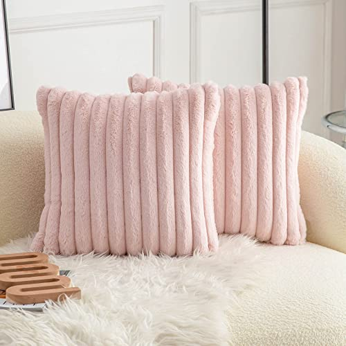 Neelvin Pack von 2 Kunstpelz Plüsch Dekorative Wurf Kissenbezüge Fuzzy gestreifte weiche Kissenbezug Kissenbezüge für Sofa Couch Schlafzimmer