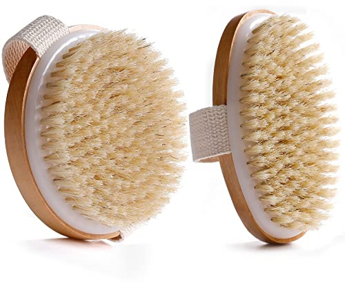 2 st kroppsborstar, torr borstning kroppsborste för lymfatisk dränering, exfolierande duschbadborstset naturligt trä och borst, 2 storlekar rund 10,5 cm och oval 13 x 6,5 cm