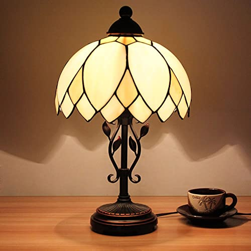 10 Zoll Tischlampe Vintage Pastoral Tiffany Lampe Europäische stil Weiß Glas Tischleuchte Rustikale Kreativ Schlafzimmerlampe Retro E27 Beleuchtung Leselampe für Wohnzimmer Arbeitszimmer Schreibtisch