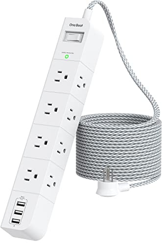 10 ft Extension Cord, Power Strip Surge Protector - 8 Widely AC Outlets 3 USB, Flat Plug, Desktop Charging Station with Overload Protection, Wall Mount for Home, Office, Travel, Computer ETL Listed
