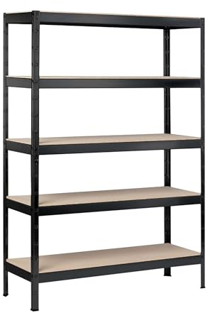 SCHULTE Regalwelt Schwerlastregal mit 5 Holzböden, 180x90x40 cm (HxBxT), Traglast pro Ebene ca. 90 Kg, schwarz-Struktur, Lagerregal, Kellerregal, Werkstattregal, Steckregal