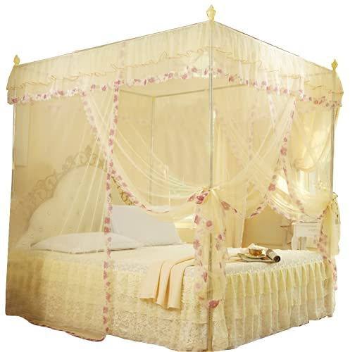 4 Ecken Pfosten Betthimmel Bettvorhang Moskitonetz für Mädchen & Erwachsene, Luxuriöse Prinzessin Schlafzimmer Dekorationszubehör, 3 Seitenöffnung(120 * 200 * 200-Beige)