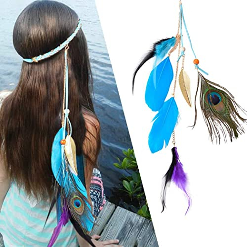Zoestar Boho Feder Stirnband Vintage Pfau Kopfbedeckung Hippie Kopfkette indisches Festival Haarschmuck für Frauen und Mädchen (blau)