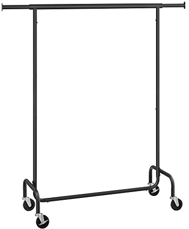SONGMICS Portant à Vêtements avec Roulettes, Tringle Extensible pour Charge Lourde, Capacité de Charge 130 kg, 45 x (110-150) x 162,9 cm, Porte-manteau, en Métal, Chromé, Noir Mat HSR011B01