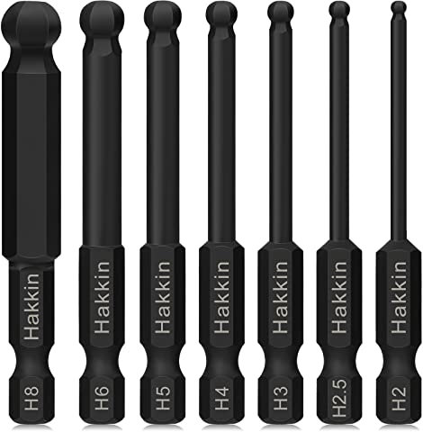Hakkin 7Pcs Ball End Allen Key Bit Set S2 Steel Hex Bits 1/4 Hex Shank Magnetic hex Allen Wrench Screwdriver Bit for Furniture Assembly Phosphating Black 65mm Metric H2-H8