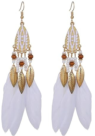Teardrop Long Earrings, Federohrringe Ethnic Long Feather Fringe Earrings,Weiß