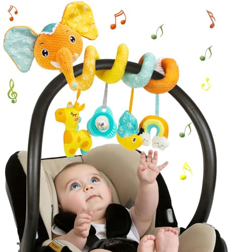 Funsland Spirale D'activité Bébé Jouets - Spirale Jouet Poussette Bebe avec Musique, Jouet Eveil Bebe, Jouets Berceau Landau pour Garçons et Filles, Naissance Jouet Cadeaux 0 3 6 12 Mois, éléphants