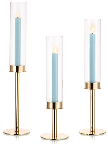 Inweder Kerzenständer Stabkerzen Kerzenhalter Gold - Satz von 3 Kerzenhalter Stabkerze mit Abnehmbarem Glas Windlicht Goldene Kerzenständer Kerzen Ständer Hochzeits Tischdeko Wohnzimmer Home Deko