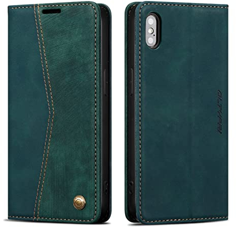 QLTYPRI Hülle für iPhone X/iPhone XS, Vintage Dünne Handyhülle mit Kartenfach Slot Ständer PU Ledertasche Klapphülle TPU Bumper Flip Schutzhülle Kompatibel mit iPhone X/iPhone XS - Grün