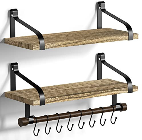 Love-KANKEI Kitchen Shelves 2-tier Floating Wall Shelves for Kitchen, Rustic Wood Organizer with Wood Rail and 8 Removable Hooks for Organize Cooking Utensils, Multi Use as Spice Rack