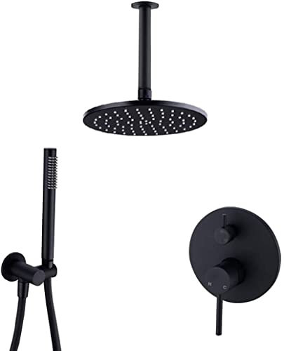 Mischer-Duschset Duschsystem, Messing-Schwarz-Deckenmontage-Umsteller-Mischer-Badezimmer-Duschset mit 8-12-Zoll-Messing-Rundregen-Duschkopf und Handbrause, Duschset, 8 Zoll