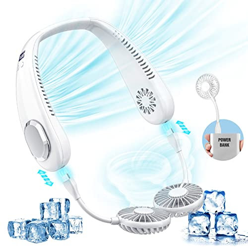 Portable Neck Fan, Hand Free Air Conditioner with 4 Air Outlet 3 Speed for Travel, Camping, Yard Work, White