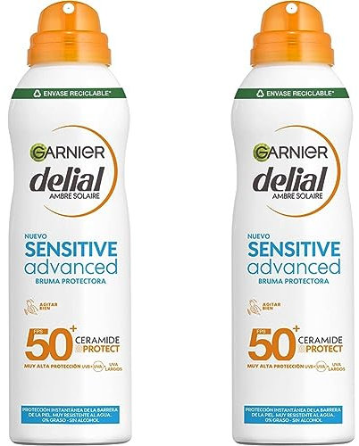 Garnier Delial Sensitive Advanced - Bruma Seca Protector Solar para Pieles Claras, Sensibles e Intolerantes al Sol IP50+ - 150 ml (Paquete de 2)