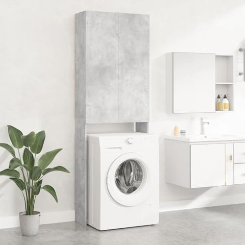 Gecheer Washing Machine Cabinet Over Toilet Cabinet Freestanding Washing Machine Rack with 2 Doors and 3 Shelves Bathroom Laundry Storage Organiser Cupboard Concrete Grey 64x25.5x190 cm 2