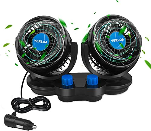 Yerloa Ventilatore Auto 12V, 12V Ventilatore di Raffreddamento per Auto con Rotazione a 360°, Potente e Silenzioso, Presa Accendisigari, per SUV, Camper, Golf Cart e Veicoli