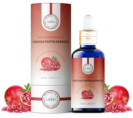 Lebbio Granatapfelkernöl [100% KALTGEPRESST & PUR] hochwertiges 100% reines natürliches Granatapfelöl als Trägeröl und Pflegeöl für Haut und Haare, bekämpft Akne & Haarausfall - Natur-Kosmetik
