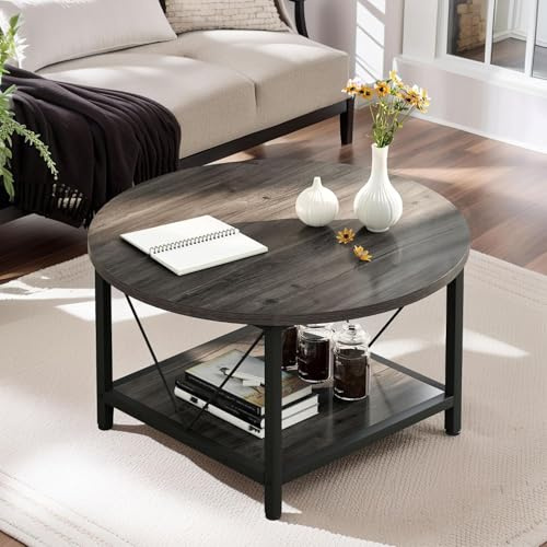 DWVO Couchtisch Rund, 2-Tier Wohnzimmertisch Industrial Kaffeetisch mit offenem Aufbewahrungsregal, Holz Couchtisch mit Metallrahmen, Einfache Montage, Grau
