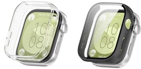 FTRONGRT Coque pour Huawei Watch Fit 3, 1 TPU Souple + 1 Combinaison de Film Trempé PC, Étui de Protection Tout Compris Anti-Rayures pour Huawei Watch Fit 3 Montre. Transparent + Noir Givré