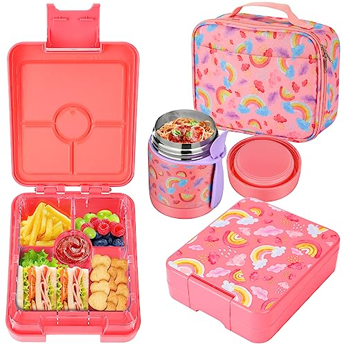 Kinder Brotdose Set mit 300ml Thermobehälter für Essen,Auslaufsicher Bento Kinder Brotdose mit Fächern, Isolierte Lunchtasche,BPA-Freie Lunchbox Bento Box Kinder, Schule, Ausflüge, Regenbogen